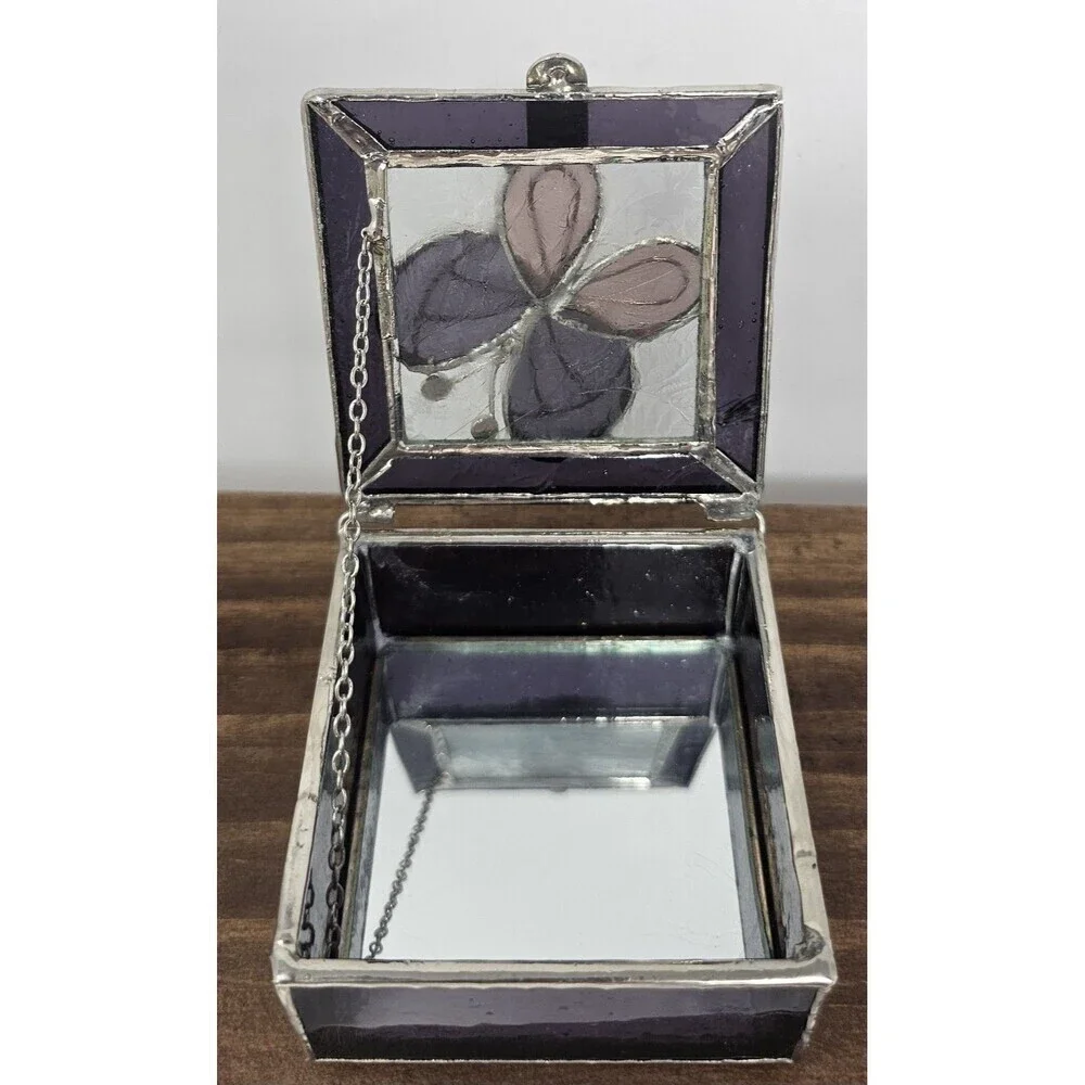 Butterfly Stained Glass Trinket Box Mirror Base Chain Hinged Lid Multicolor 3x3